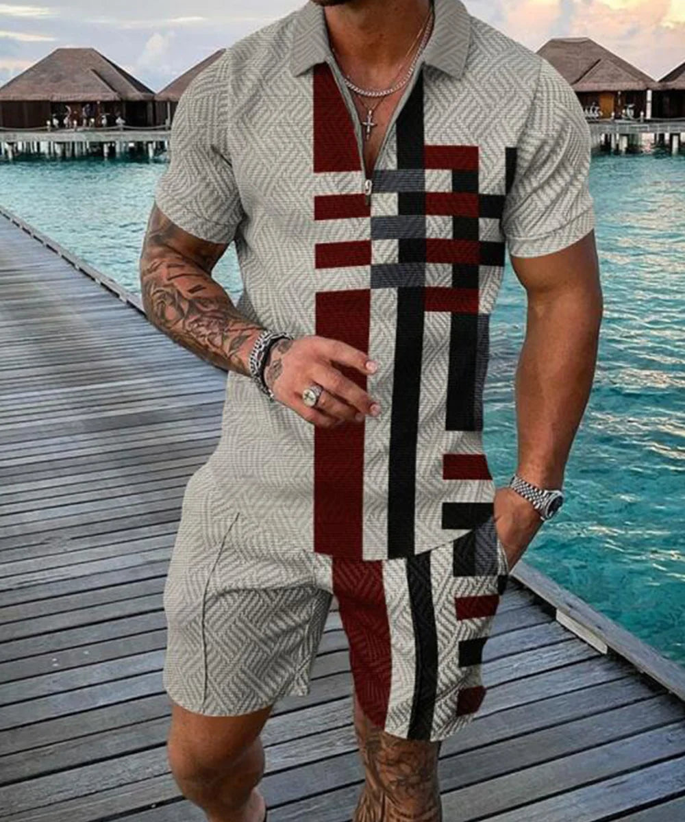 Men's Polo Tracksuit Set Summer Fashion Men Short Sleeve Zipper Polo Shirt&Shorts Set for Men Casual Streetwear 2 Piece Suit