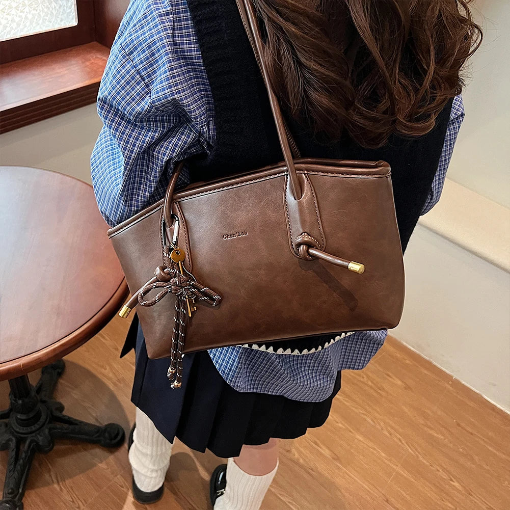 Leather Shoulder Bag for Women with Pendant Hobo Bag Shoulder Tote Handbag Stylish Tote Bag for Daily Use