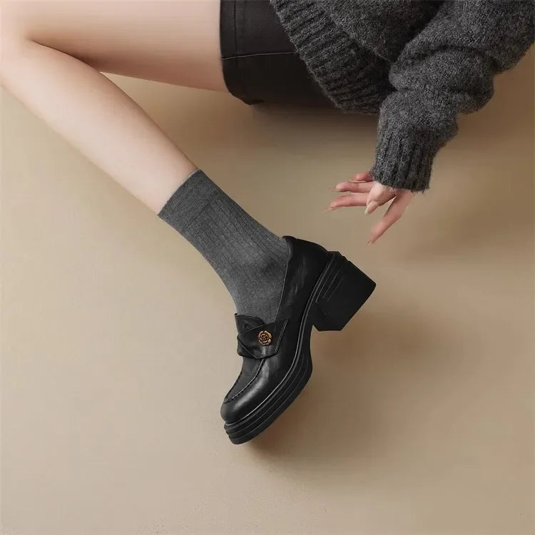 Women High Heel Shoes 2025 Retro Spring Autumn Performance Causal Women's Loafers Fashion Versatile Pumps Ladies Leather Shoes