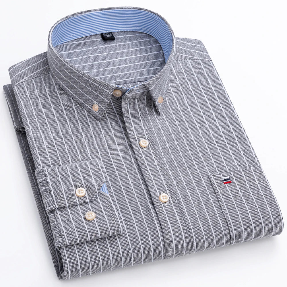 Men's Oxford Long Sleeve Shirt 100% Cotton Wrinkle Resistant & Breathable, Solid Plaid Striped Comfort Casual Button-down Shirts