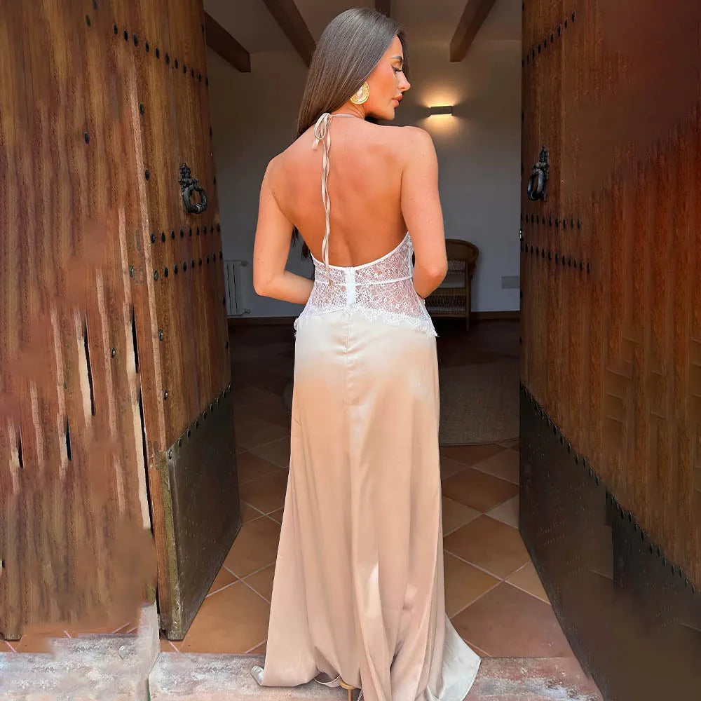 Sexy Deep V-neck Backless Lace Patchwork Satin Dresses for Women 2026 Summer Halter Sleeveless Long Maxi Party Evening Dress