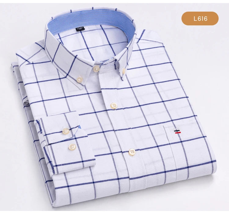 Men's Oxford Long Sleeve Shirt 100% Cotton Wrinkle Resistant & Breathable, Solid Plaid Striped Comfort Casual Button-down Shirts
