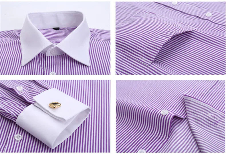 Men's Blue Long-sleeved Dress Shirts, Single-breasted Lapel Vertical Striped Shirt Men, White,Purple,Black,Pink,Yellow Optional