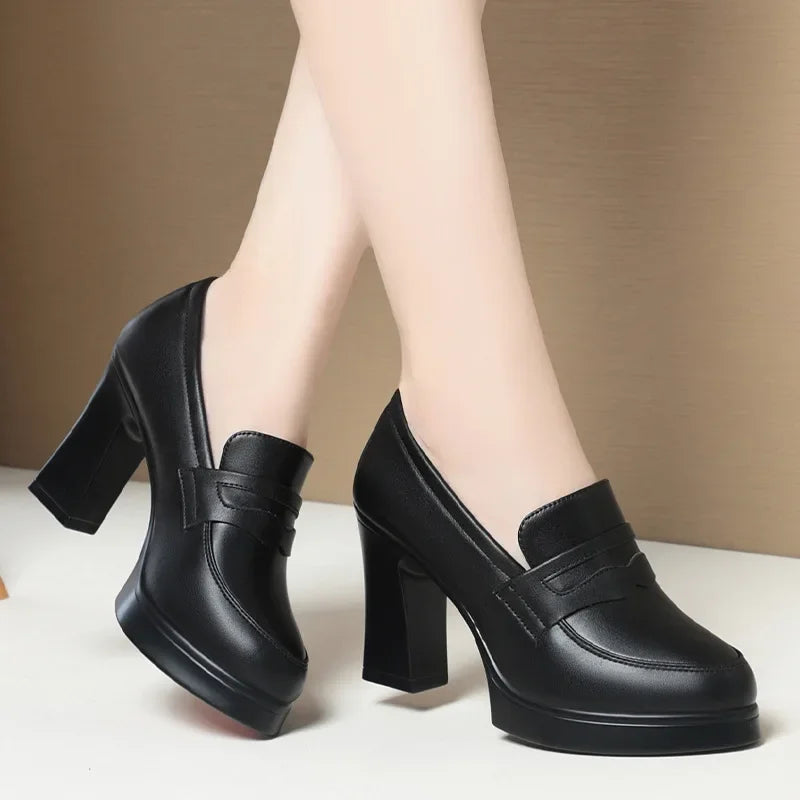 High Heels for Women 2025 Spring Slip on Pointed Toe Platform Heels Chunky Loafers Woman Black PU Leather Uniform College Shoes