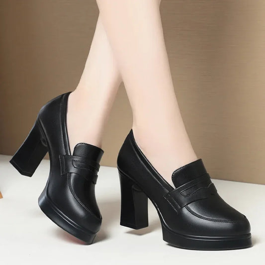 High Heels for Women 2025 Spring Slip on Pointed Toe Platform Heels Chunky Loafers Woman Black PU Leather Uniform College Shoes