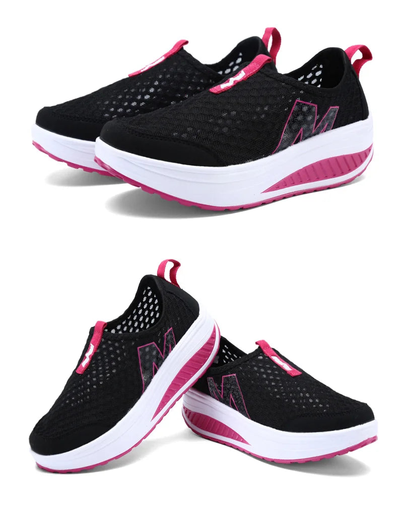 Women Mesh Flat Shoes Sneakers Women Swing Wedge Hollowed Out Slip-on Shoes Women Platform Breathable Lightweigt Vulcanization