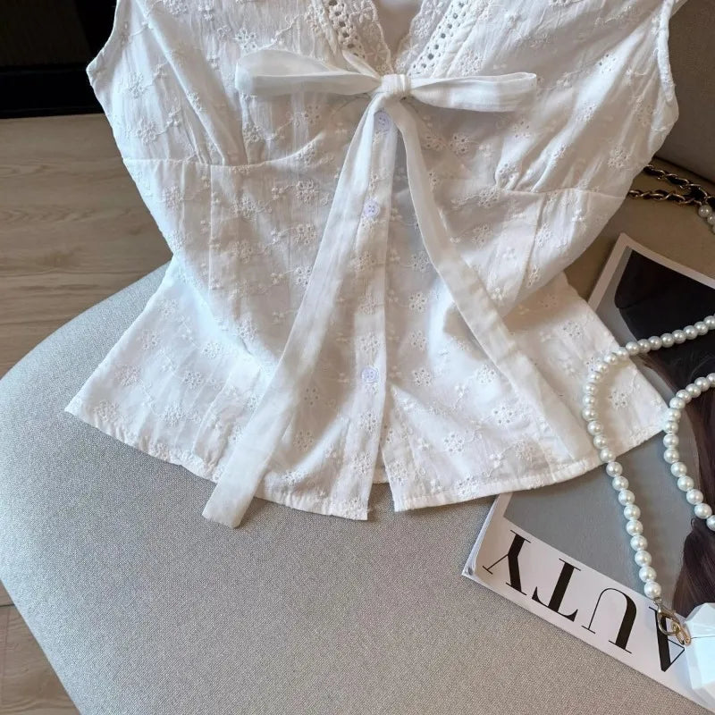 Women's White Floral Embroidery Blouse with Shirts Tie-Waist Detail Blouse