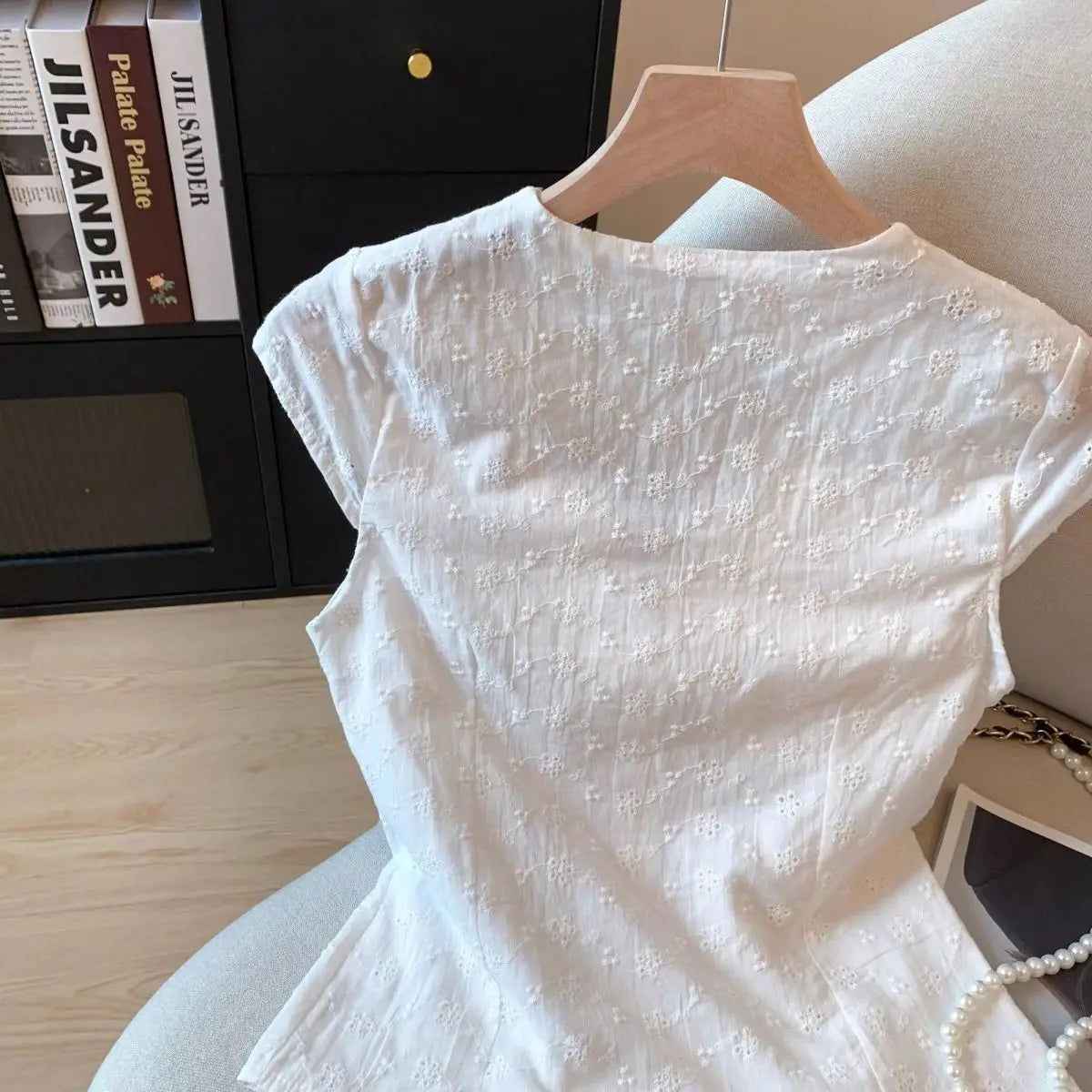 Women's White Floral Embroidery Blouse with Shirts Tie-Waist Detail Blouse