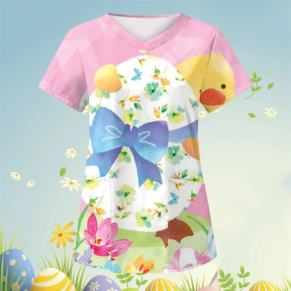 Scrubs Medical Uniforms Cute Cartoon Bunny Print High Quality Medical Uniforms for Women Short Sleeve Dental Medical Uniforms