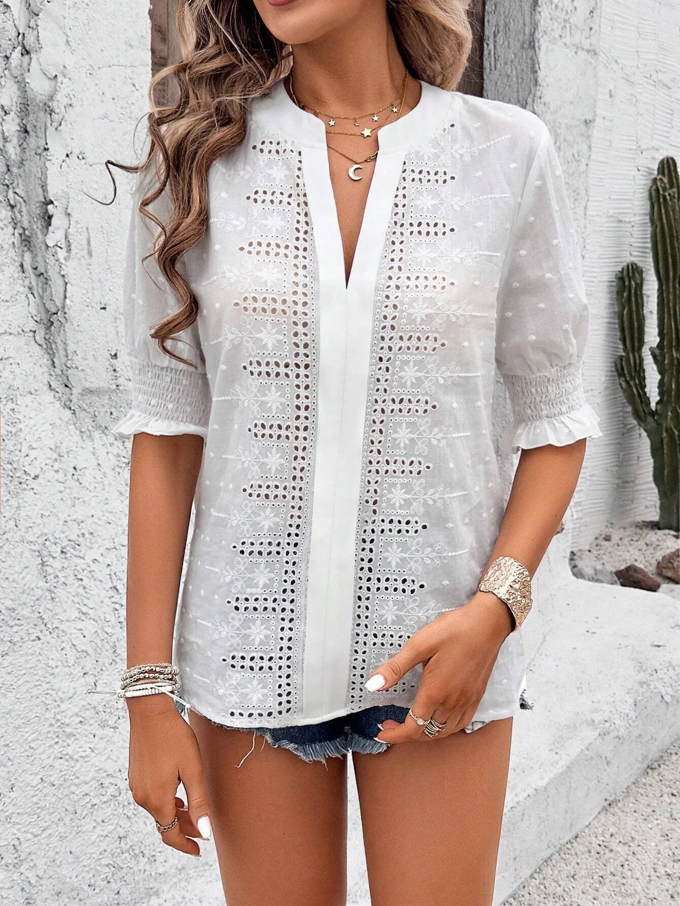 Women's Blouse Floral Embroidery Lace Summer Casual Solid Color Swiss Dot Eyelets V-neck Puff Shirred Half Sleeve T-shirt Tops