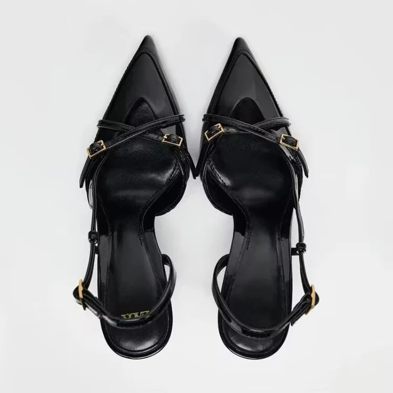 2026 New Women's Sandals Fashionable Buckle Designer Summer Elegant Pointed Toe High Heels Outdoor Banquet Open-Heel Shoes