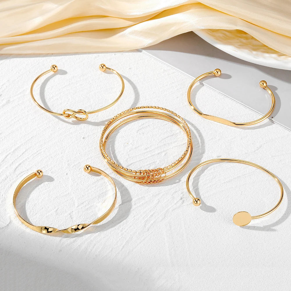 5PCS Set Punk Trendy Multilayer Bangles for Women Elegant Delicate Knots Gold Color Fashion Bangles Jewelry Party Jewelry Set