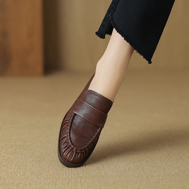 Women Shoes Spring Simple Shoes Soft Flats Slip On Girl Pleated Footwear Handmade Round Toe Genuine Leather Cozy Vintage Shoes