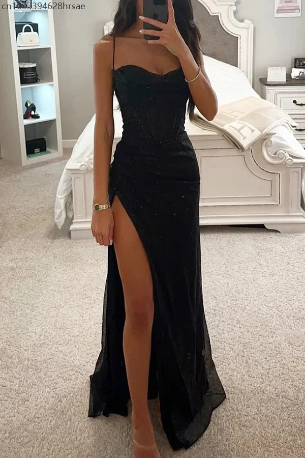 Sexy Off-shoulder Gown Dress Elegant Sequin Maxi Dresses for Evening Party Prom Slip Slim Split Long Canonicals