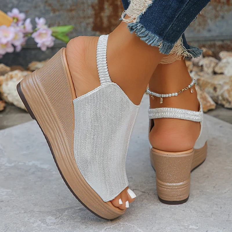 Sexy Ladies Peep Toe Gladiator Sandals Summer 2026 Gold Silver Wedge Heels Shoes Woman Plus Size 42 Thick Sole Platform Sandals