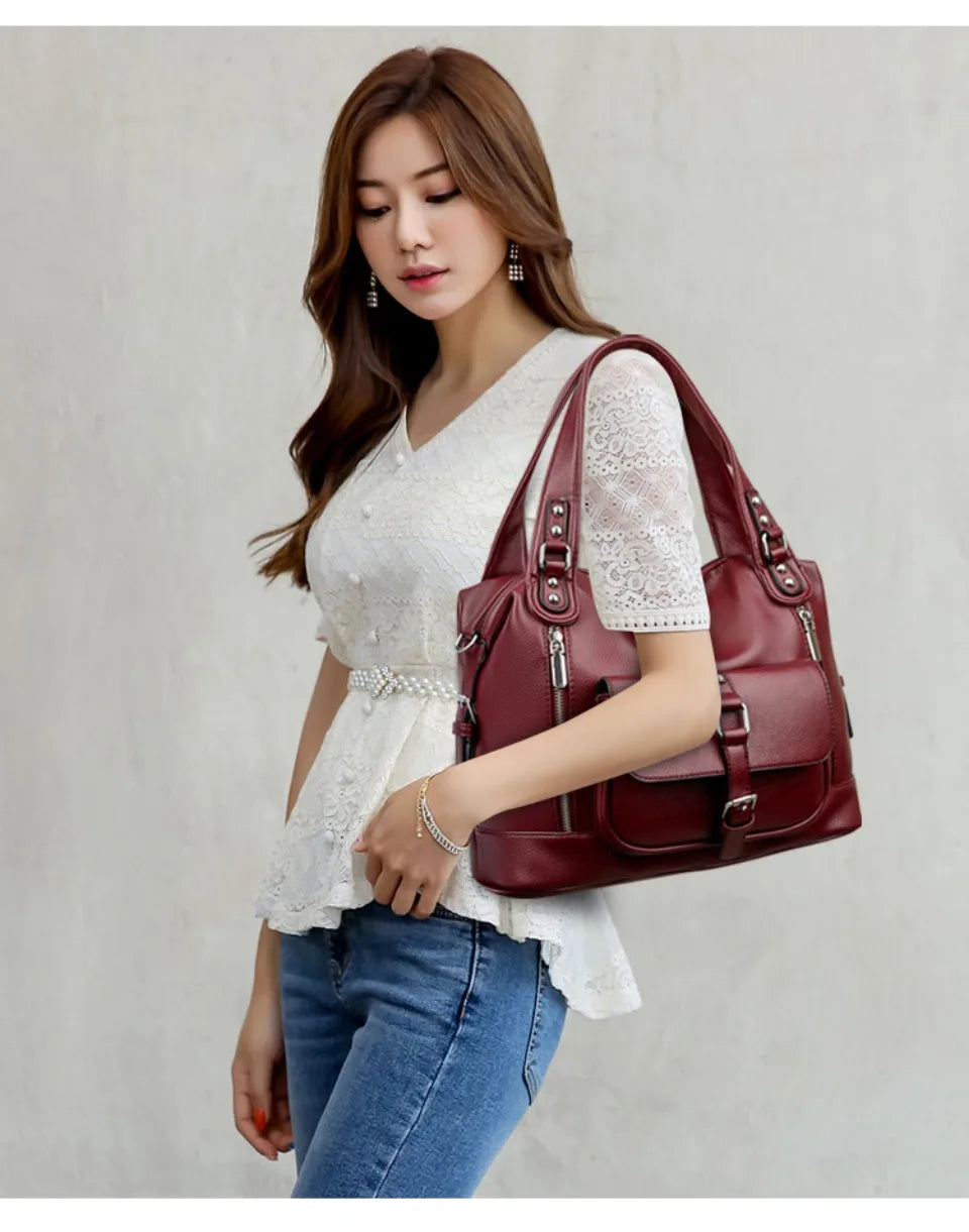 Women's Casual Tote Soft Leather Handbag Luxury Designer Shoulder Crossbody Hand Bag Ladies Shopping Sac Front Double Zipper