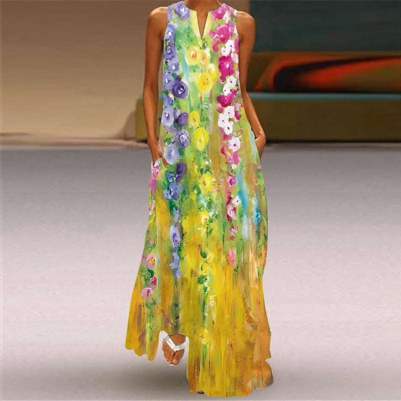 Elegant Dresses for Woman 3D Printed Dresses Summer Sleeveless V-Neck Long Dress Ladies Casual Elegant Beach Party Maxi Dresses