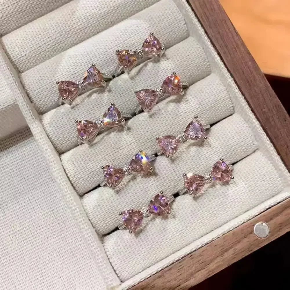 2pcs Set Fashion Bowknot Necklace Rings Set Crystal Bow Knot Pendant Necklaces Adjustable Bow Rings Fairy Shiny Pink Jewelry