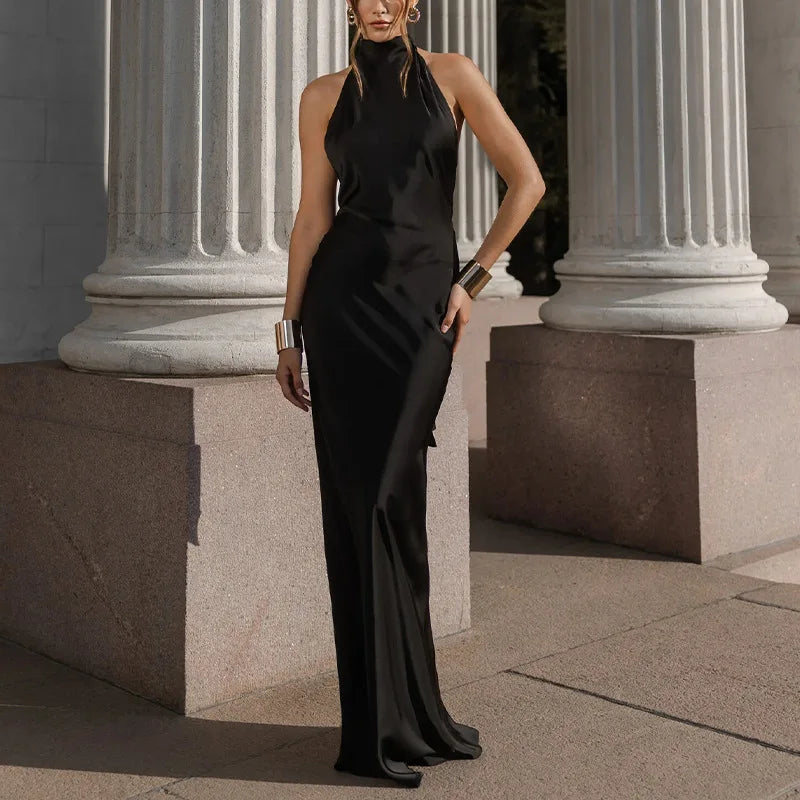 Trendy Woman Clothes 2025 Spring Sexy Solid Satin Slim Bodycon Long Dress New Summer Halter Ribbon Backless Hollow Evening Dress
