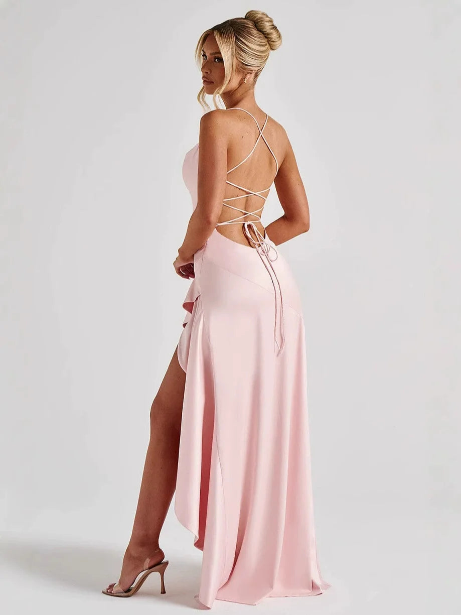 Tesco Red Sexy Evening Dresses Spaghetti Straps Asymmetrical Ruffle Prom Dresses Smooth Satin Women Summer Long Dresses