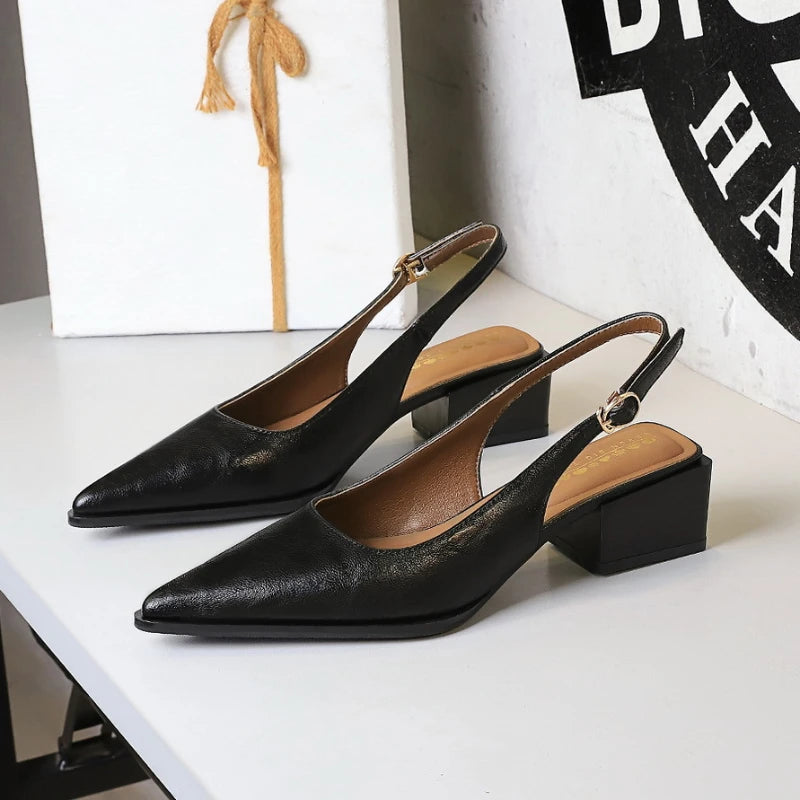 Simple And High-End Women's Shoes With Thick Heels Shallow Mouth Pointed Toe Slim Pedicures With Empty Back Tripping Mid-Heeled