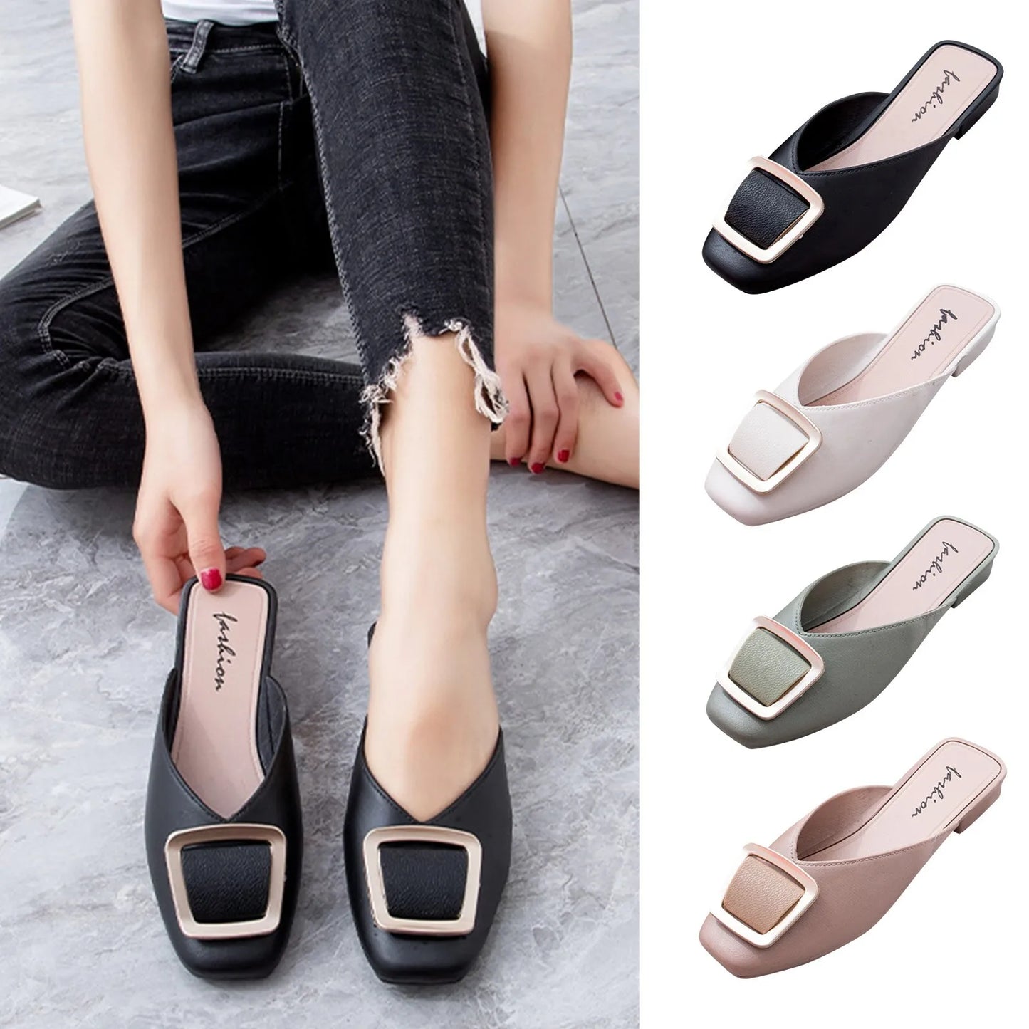 Slippers Women's Summer with New Fashion Square Toe Flats Sandals Shoes Muller Spring Flip Flops Slides Outdoor Work Ladies