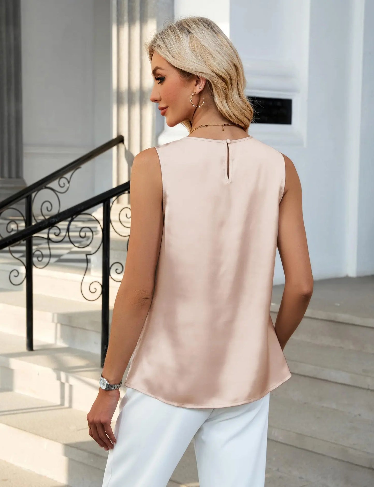 Womens Satin Pleated Sleeveless Blouse Round Neck Casual Office Wear Multiple Colors Available