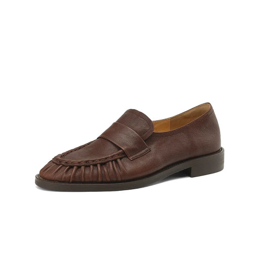 Women Shoes Spring Simple Shoes Soft Flats Slip On Girl Pleated Footwear Handmade Round Toe Genuine Leather Cozy Vintage Shoes