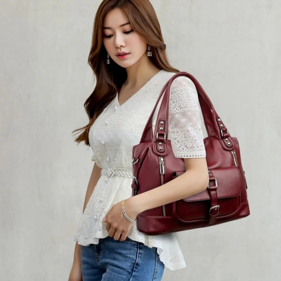 Women's Casual Tote Soft Leather Handbag Luxury Designer Shoulder Crossbody Hand Bag Ladies Shopping Sac Front Double Zipper