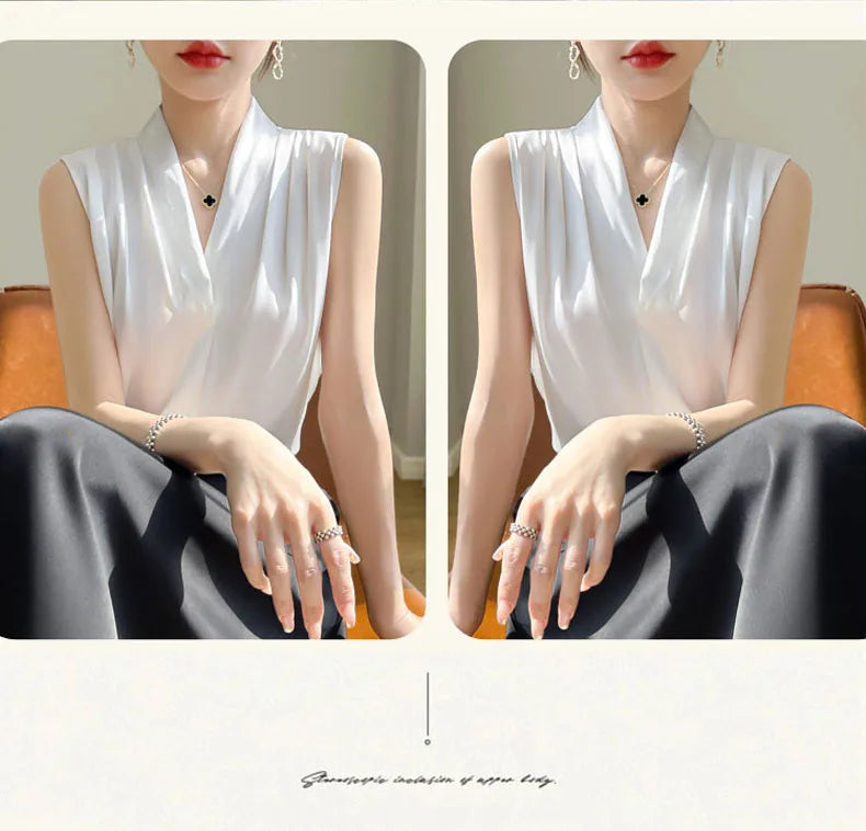 Womens Tops Blouses Solid Color White Satin Blouse Office Shirt Blusas Sleeveless Women Shirts Black White Female YTM A31