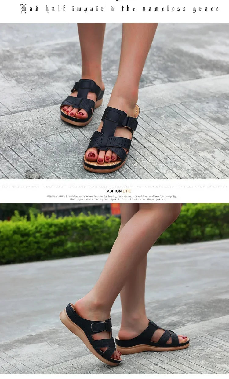 2024 Summer Women Wedge Sandals Premium Orthopedic Open Toe Sandals Vintage Anti-slip Leather Casual Female Platform Retro Shoes