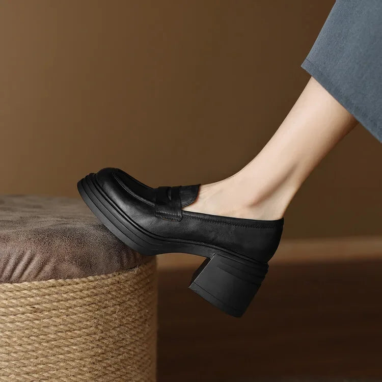 Women Chunky Heel Genuine Leather Wedge Shoes Woman Platform Pumps Female High Heel Zapatos Mujer Handmade thick sole Loafers