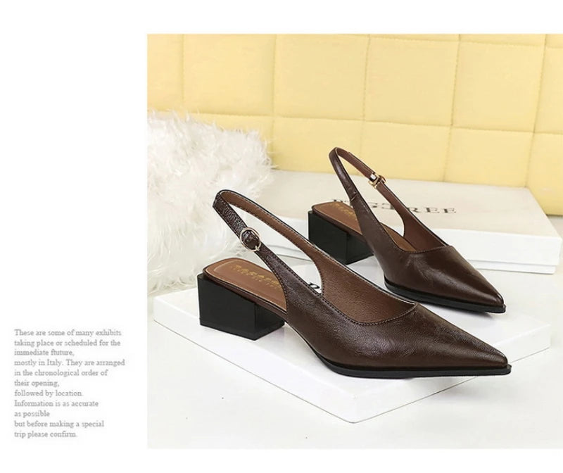 Simple And High-End Women's Shoes With Thick Heels Shallow Mouth Pointed Toe Slim Pedicures With Empty Back Tripping Mid-Heeled