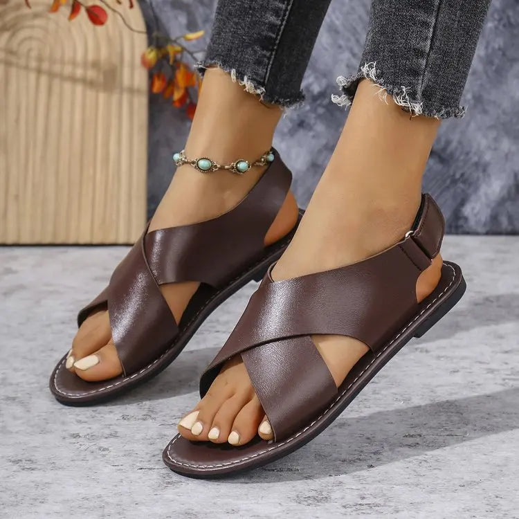 Women's Flat Sandals Lightweight Pu Leather Casual Sandals Summer Peep Toe Beach Sandals for Women Roman Sandal Sandalias Mujer
