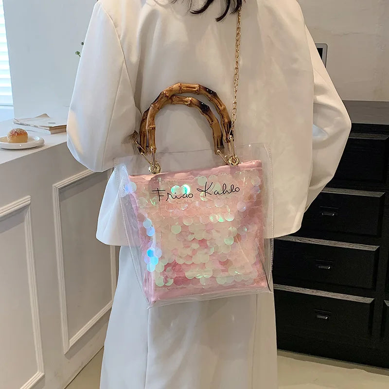 Large Capacity Women PVC Handbags High Quality Ladies Transparent Beach Tote Shoulder Messenger Bags Casual Chain Crossbody Bag