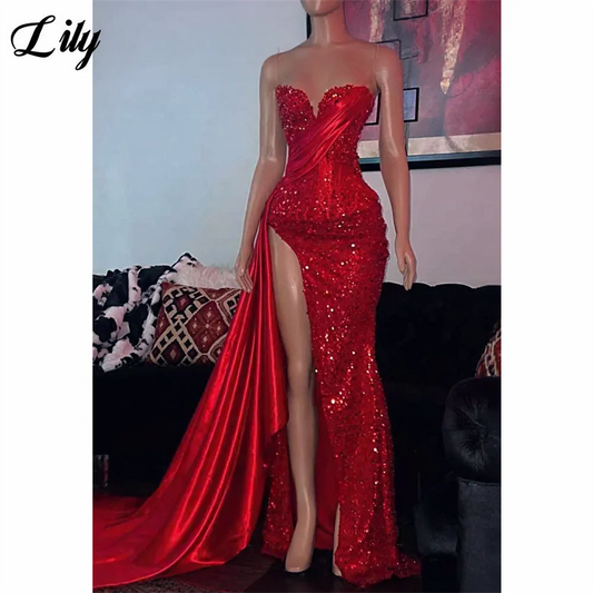 Lily Red Shiny Formal Dresses Sequined Sweetheart Neckline Satin-Drape Party Dresses with High Slit and Lace-Up Back Customized