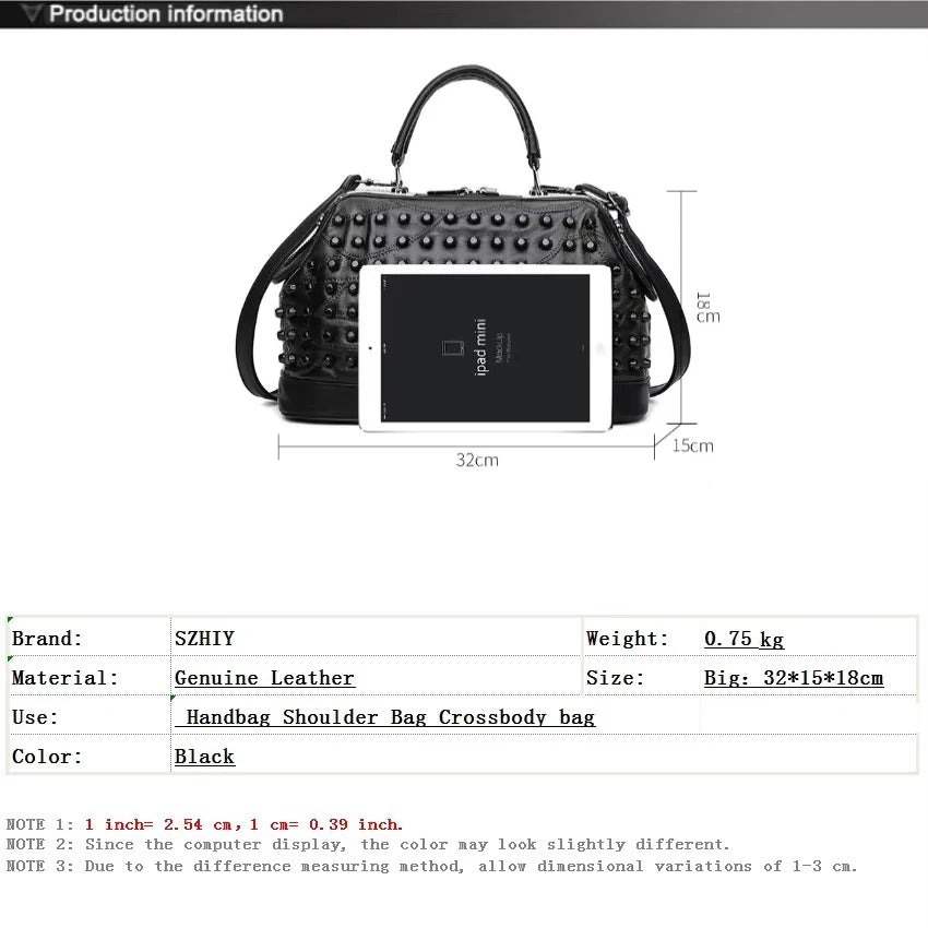 Soft Sheepskin Handbag for Women Rivet Shoulder Bag Punk Style Travel Crossbody Purse Office High-quality Handbag Leather Bag