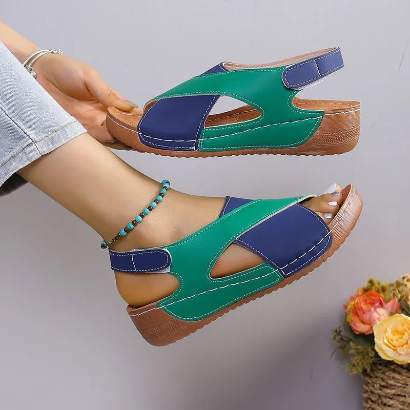 New Women's Contrast Color Wedge Sandals Summer Peep Toe Non Slip Beach Shoes Woman Comfortable Platform Roman Sandalias