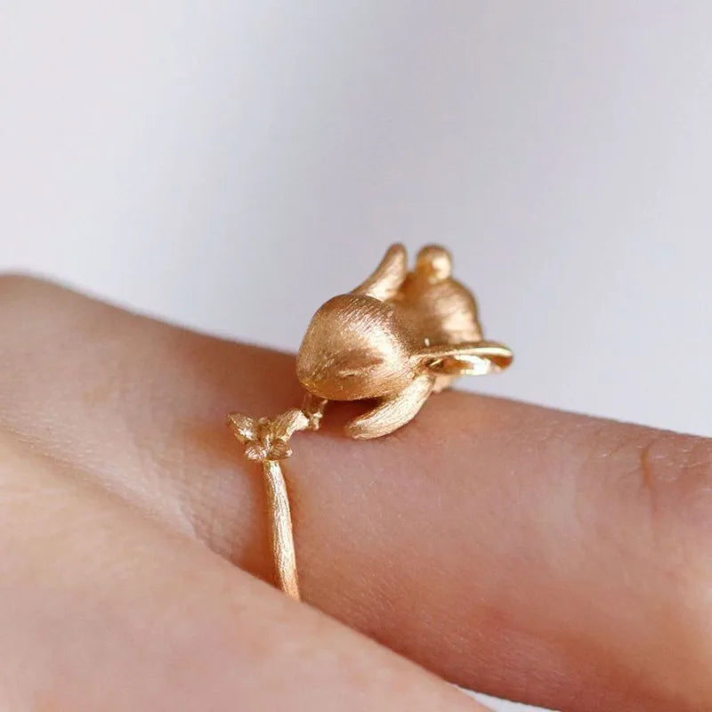 Cute and Exquisite Rabbit Jewelry Sets New in Fun Matte Ancient Gold Craft Earrings for Women Ring Necklace Gifts to Girlfriend