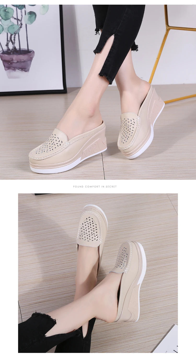 STRONGSHEN Women Slippers Casual Hollow Out Heel Wedge Thick Bottom Increase by 8cm Half Slippers Women's Non slip Fashion Shoes