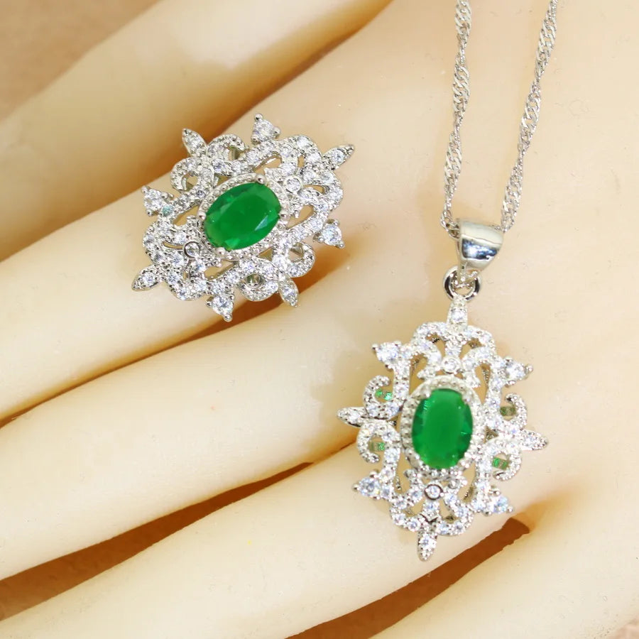 Bridal Jewelry Sets for Women Green Crystal Silver 925  Earrings Necklace Pendant Ring Wedding Gift