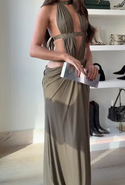 Women Sexy Backless Sequin Halter Dress Sleeveless Off Shoulder Hollow Out Pleated Maxi Dresses 2026 Lady Evening Party Gowns
