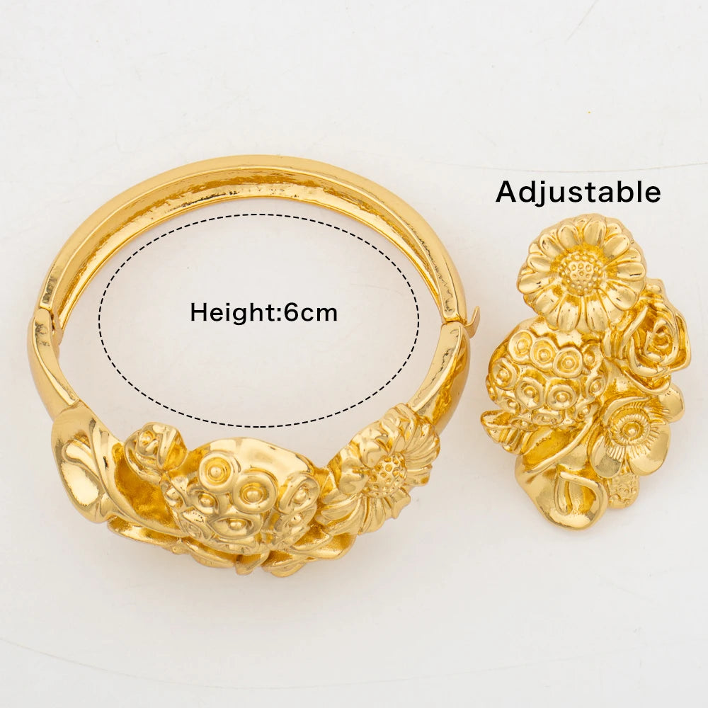 4Set Luxury Bangle Ring For Women Dubai Gold Color Bracelet France Jewelry Set Arabic African Adjustable Ring Party Wedding Gift