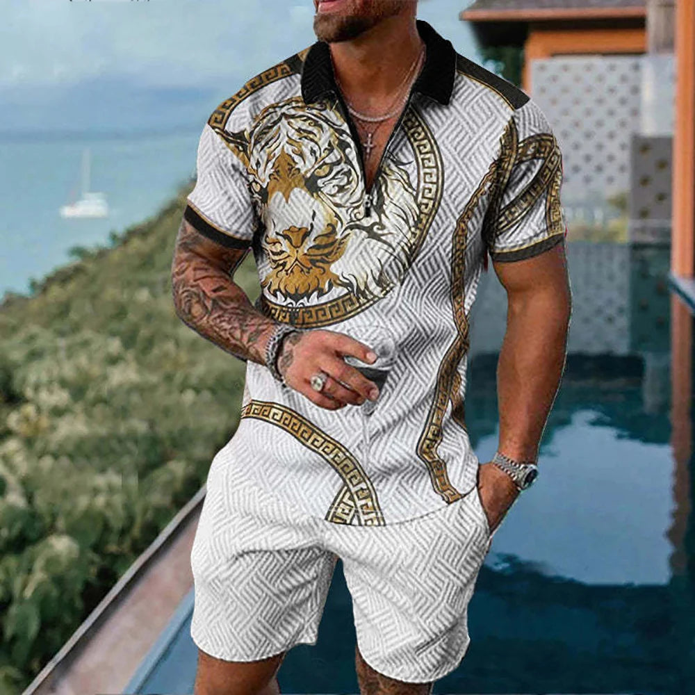 Men's Polo Tracksuit Set Summer Fashion Men Short Sleeve Zipper Polo Shirt&Shorts Set for Men Casual Streetwear 2 Piece Suit
