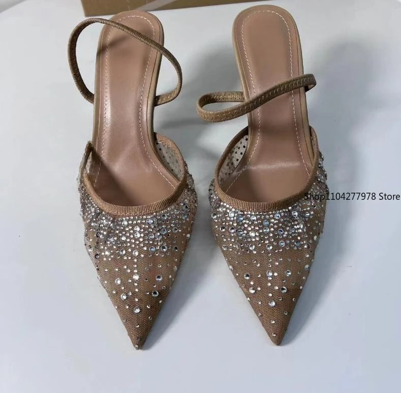 2025 Women's High Heeled Sandals Transparent Pointed Toe Elegant Ladies Fashion Shoes Pearl Decoration Slingback Sandal Size 42