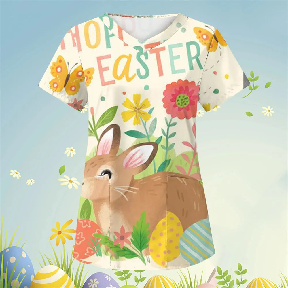 Scrubs Medical Uniforms Cute Cartoon Bunny Print High Quality Medical Uniforms for Women Short Sleeve Dental Medical Uniforms