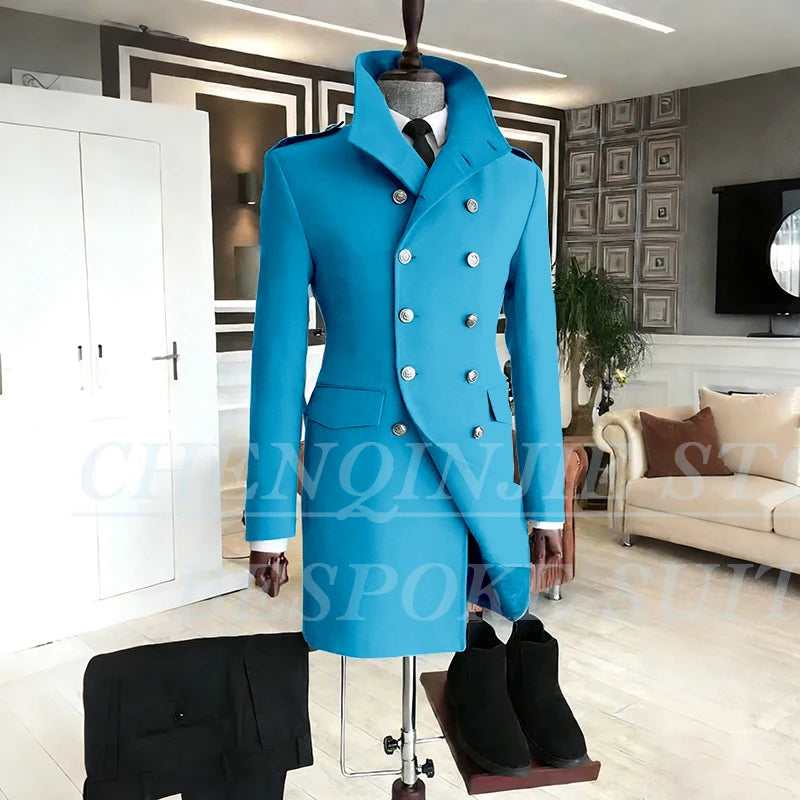 Casual Men's Suits 2 Piece Jacket Pants Grey Double Breasted Stand Lapel Luxury Blazer
