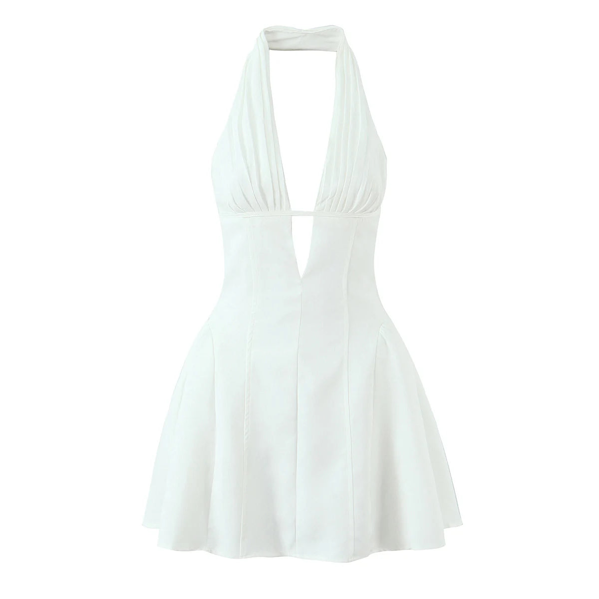 Sexy White Black Pleated Ruched Halter Dress Women Deep V neck Slim Low Waist Swing Ball Gown Short Dresses Robe Femme Vestidos