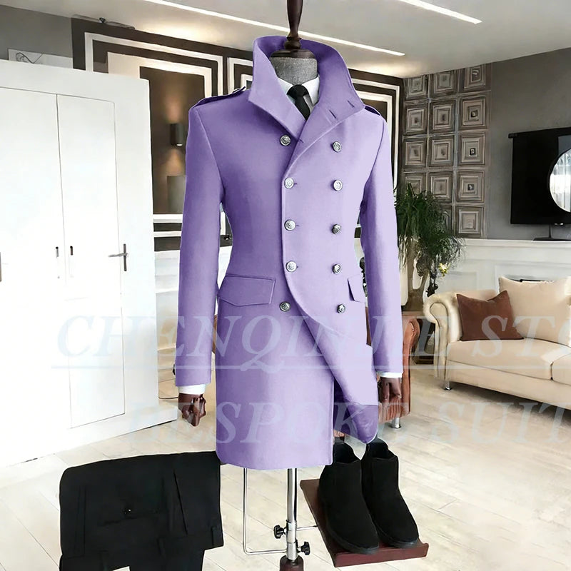 Casual Men's Suits 2 Piece Jacket Pants Grey Double Breasted Stand Lapel Luxury Blazer
