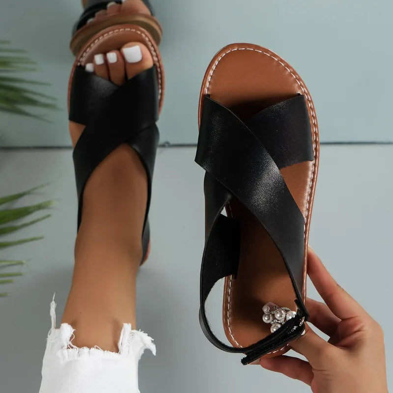 Women's Flat Sandals Lightweight Pu Leather Casual Sandals Summer Peep Toe Beach Sandals for Women Roman Sandal Sandalias Mujer